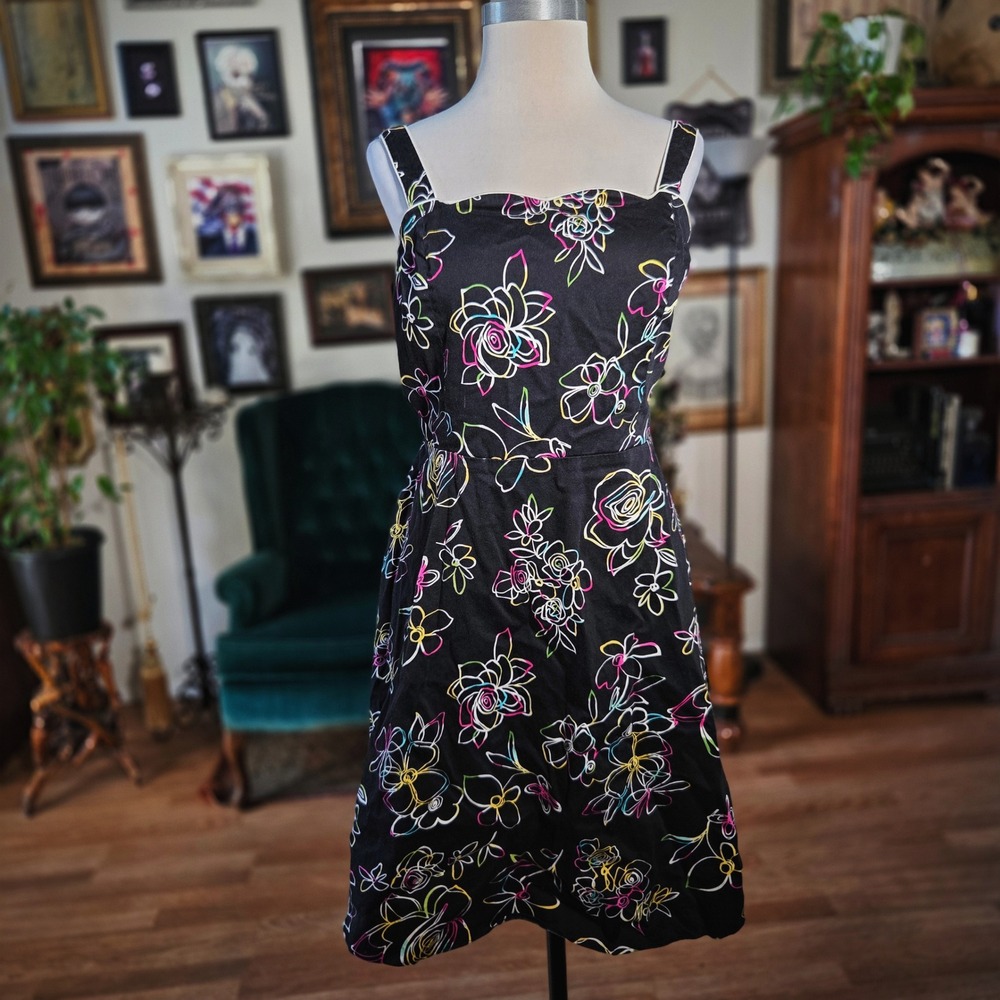 Madison Leigh Floral Dress Black Neon Pink Yellow Smocked Fit Flare Women 16‎